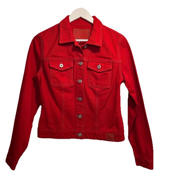 Guess Women's Denim Jacket Medium Vtg Red Jean Pockets Trucker Biker 90's Y2K - Picture 3 of 10